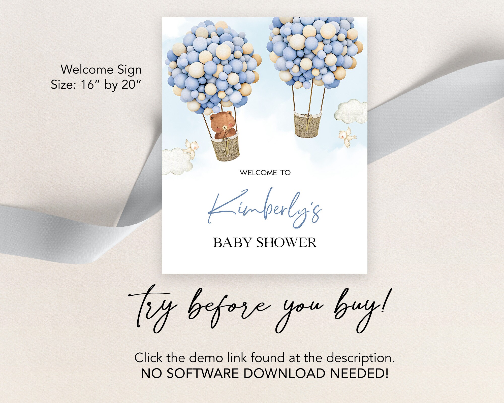Boho Hot Air Balloon Baby Shower Welcome Sign, Editable Blue Bear Boy ...