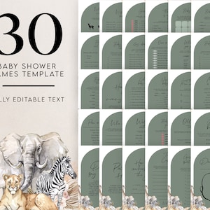EDITIERBARE 30 Boho Safari Baby Shower Spiele, Dschungel-Baby-Dusche-Spiel-Bundle, Dschungeltiere, Safari-Tiere, Salbeigrün, Instant File, BS118