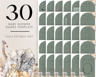 EDITABLE 30 Boho Safari Baby Shower Games, Jungle Baby Shower Game Bundle, Jungle Animals, Safari Animals, Sage Green, Instant File, BS118