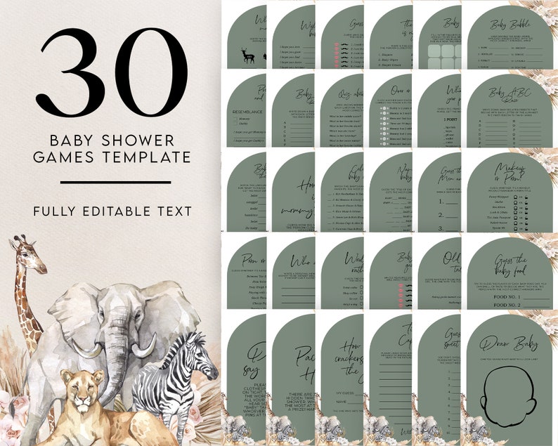 May include: A set of 30 printable baby shower game templates featuring a jungle theme with a giraffe, elephant, zebra, and lion. The templates are in a sage green color with black text. The text on the image reads "30 Baby Shower Games Template Fully Editable Text".