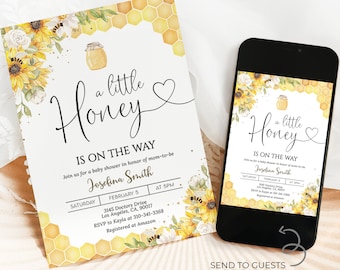 Bee Baby Shower Invitation, Editable A Little Honey Is On The Way Invite Template, Honey Invite Printable, Bumble Bee Instant Download HON01