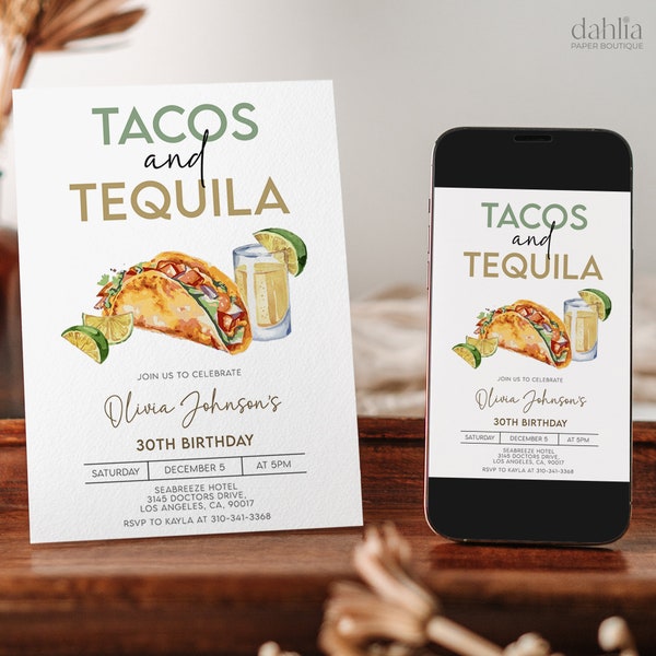 Tacos and Tequila Birthday Invitation, Editable Adult Party Invite, 30th Birthday, Mexican Let's Fiesta, Margarita, Instant Download, AP028