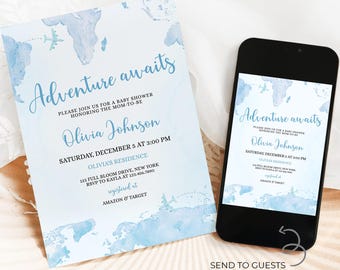 Adventure Awaits Baby Shower Invitation, EDITABLE Travel Baby Shower, Blue World Map, Boy Baby Sprinkle Template, Little Explorer, BS523