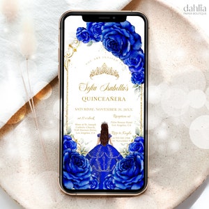 Royalblau und Gold Bogen Quinceaňera Digitale Einladung, EDITIERBARE 15. Geburtstag Evite, Mis Quince Anos Vorlage, Sweet 16 Text Einladung, Q070