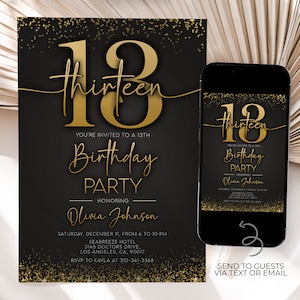 Invitation d’anniversaire noir et or, modèle de fête de confettis modifiable 13e, invitation d’anniversaire imprimable en or de tout âge, téléchargement instantané, AP011