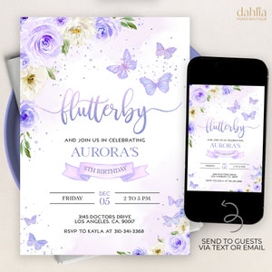 EDITABLE Butterfly Birthday Invitation, Kids Magical Garden Invite Template, Floral Lilac Purple and Gold Girl Party, Instant Download KP060 image 1