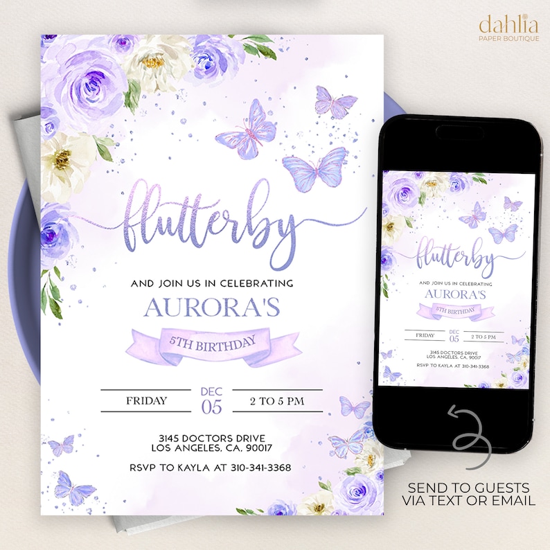 EDITABLE Butterfly Birthday Invitation, Kids Magical Garden Invite Template, Floral Lilac Purple and Gold Girl Party, Instant Download KP060 image 1