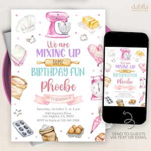 EDITIERBARE Backen Geburtstagseinladung, Kitchen Party Invite Template, Pink Cooking Party, Kids Kitchen, Girl Chef Cake, Instant Download KP266