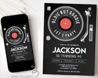 Inbjudan till födelsedagsfest med vinylskiva, redigerbar "Oldie But Goodie"-fest, 30-års-, 40-års-, 50-års-inbjudan, röd utskrivbar rockkonsert för nedladdning, AP038