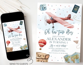 Invitación de cumpleaños de avión jet, Oh mi tiempo vuela, plantilla de fiesta de aviación editable, invitación de piloto de avión, cumpleaños al aire libre de viaje de niño, KP207