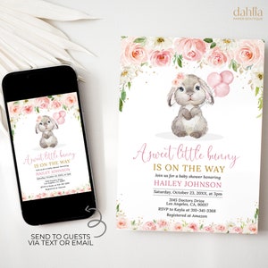 Süßes kleines Häschen-Babyparty-Einladung, EDITIERBARE rosa Blumenkaninchen einladen, Mädchen Frühlings-Babyparty, Osterparty, Sofort Download BS235