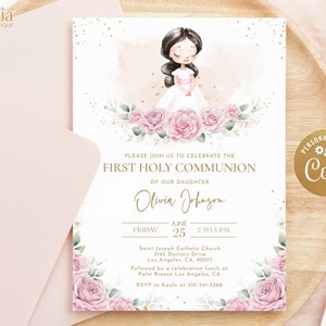 EDITIERBARE Erstkommunion Einladung, Blush Pink Floral Religiöse Digitale Einladung, druckbare schwarze Haar Mädchen Karte, Sofort Download, C001