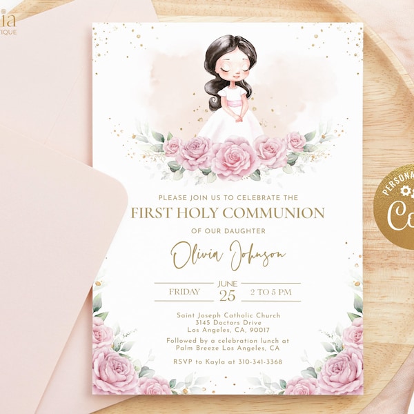 EDITABLE First Holy Communion Invitation, Blush Pink Floral Religious Digital Invite, Printable Black Hair Girl Card, Instant Download, C001