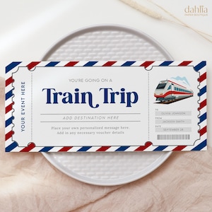 Vale de regalo para billetes de tren, tarjeta de embarque para tren editable, certificado de regalo para viaje personalizado, plantilla de billete de tren sorpresa imprimible