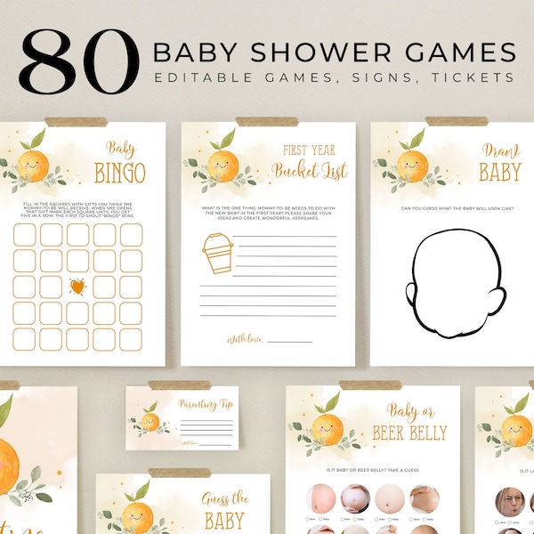 EDITABLE 80 Little Cutie Baby Shower Games, Clementine Baby Shower Game Bundle, Orange Baby Sprinkle Games Set, Instant Download, BS032