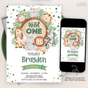 Wild One Birthday Boy Invitation, EDITABLE Safari Animals Party Invite Template, Jungle Safari Theme First Birthday, Instant Download, KP397