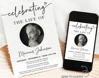 May include: Black and white photo memorial invitation for Marcus Johnson. The invitation includes the date, time, and location of the service and repast. The text "celebrating the life of" is written in a cursive font.