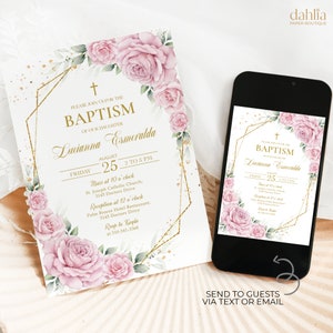 Convite floral EDITÁVEL para batismo, modelo geométrico floral para impressão, convite digital de batismo dourado rosa blush, download instantâneo BP006