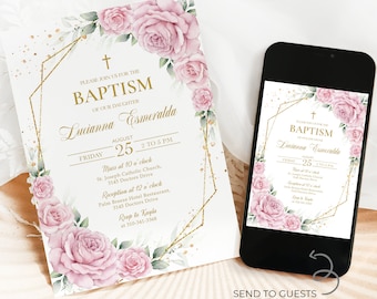 May include: A gold geometric frame with pink watercolor flowers and gold glitter accents surrounds a baptism invitation for Lucianna Esmeralda. The invitation includes the date, time, and location of the ceremony and reception.  The text "Please join us for the Baptism of our daughter" is at the top of the invitation.