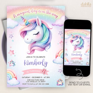 Unicorn Birthday Invitation Template Printable, Editable Unicorn Party Invite, Magical Day Printable Template Girl Pink Pastel Rainbow KP319