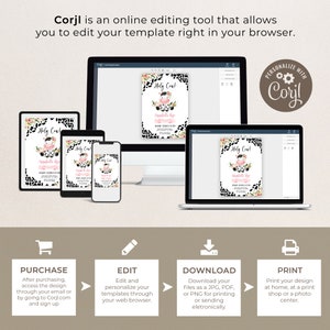Pu&ograve; includere: Un mockup digitale che mostra come modificare un modello di invito stampabile utilizzando lo strumento di editing online Corjl. L'invito presenta una mucca di cartone animato con il testo "Holy Cow!" e uno schema di colori rosa e nero. Il testo "Personalizza con Corjl" &egrave; visualizzato in un cerchio con ingranaggi.