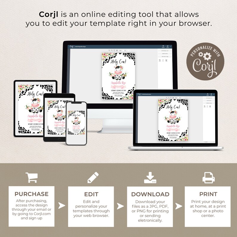 Pu&ograve; includere: Un mockup digitale che mostra come modificare un modello di invito stampabile utilizzando lo strumento di editing online Corjl. L'invito presenta una mucca di cartone animato con il testo "Holy Cow!" e uno schema di colori rosa e nero. Il testo "Personalizza con Corjl" &egrave; visualizzato in un cerchio con ingranaggi.