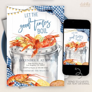Invito alla festa modificabile per bollire i frutti di mare, Lascia bollire i bei tempi, Fidanzamento per bollire i gamberi, Ogni occasione, Invito digitale scozzese blu, KP183
