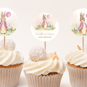 SET MODIFICABILE DI 6 Toppers Cupcake Peter Rabbit, Baby Shower Coniglietto Rustico, Palloncino Rosa Acquerello Spring Girl Brunch, Download istantaneo BS133
