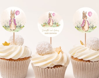 EDITABLE SET OF 6 Peter Rabbit Cupcake Toppers, Rustic Bunny Baby Shower, Pink Watercolor Balloon Spring Girl Brunch, Instant Download BS133