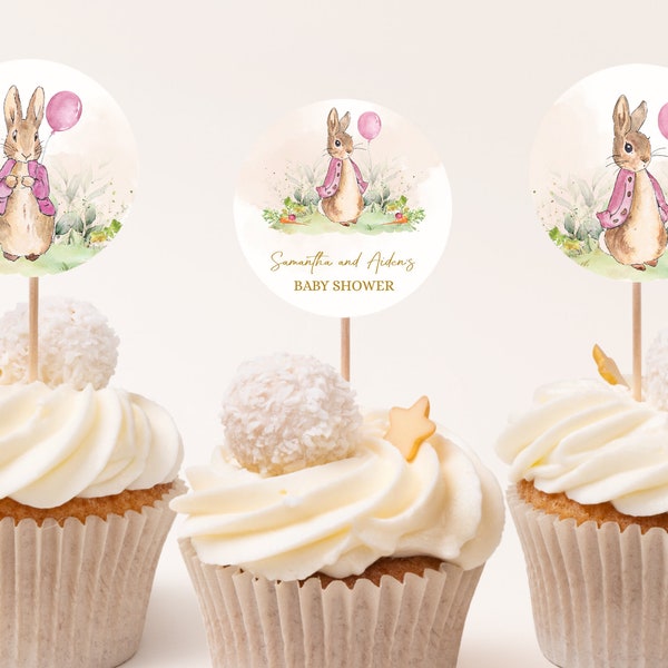 EDITABLE SET OF 6 Peter Rabbit Cupcake Toppers, Rustic Bunny Baby Shower, Pink Watercolor Balloon Spring Girl Brunch, Instant Download BS133