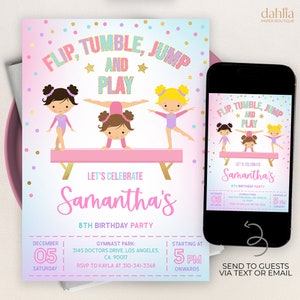 Gymnastics Birthday Invitation, EDITABLE Gymnastics Party Invitation Template, Rainbow Girl Gymnasts Birthday Invite, Instant Download KP035