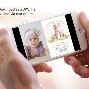 Peter Rabbit First Birthday Invite with Photo, Editable Rustic Bunny Template, Printable 1st Birthday Girl Party, Any Age, Instant Download image 3