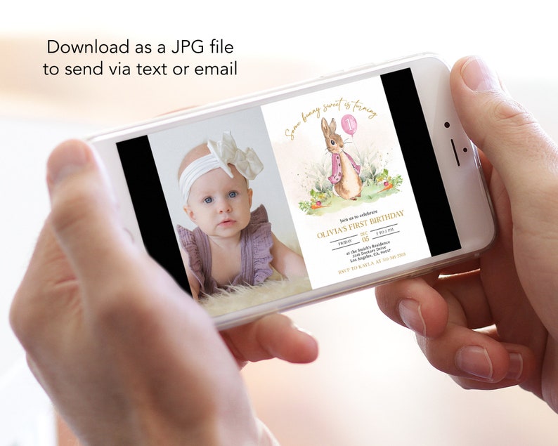 Peter Rabbit First Birthday Invite with Photo, Editable Rustic Bunny Template, Printable 1st Birthday Girl Party, Any Age, Instant Download image 3