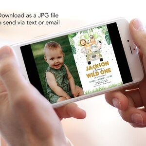 May include: A digital invitation for a first birthday party with a jungle theme. The invitation features a cartoon jeep with animals, including a lion, giraffe, zebra, and monkey. The text on the invitation reads "Jackson is turning Wild One".