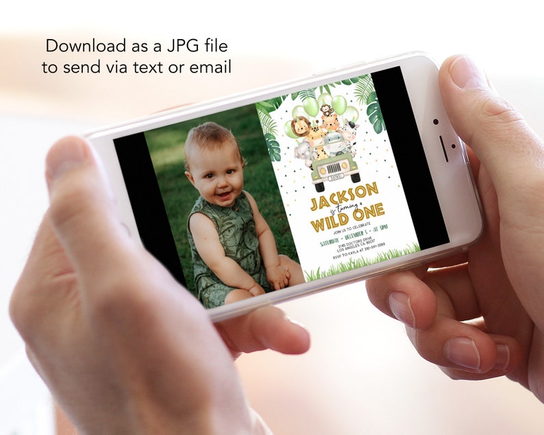 May include: A digital invitation for a first birthday party with a jungle theme. The invitation features a cartoon jeep with animals, including a lion, giraffe, zebra, and monkey. The text on the invitation reads "Jackson is turning Wild One".