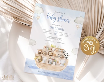 Noah's Ark Baby Shower Invitation, Editable Boho Animals Baby Sprinkle Template, Bible Story, Noah's Ark Blue Invite, Instant Download BS143