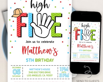 May include: A colorful invitation for a 5th birthday party with the words "high five" in red, blue, and green. The invitation includes the name "Matthew's" and details about the party, including the date, time, and location.