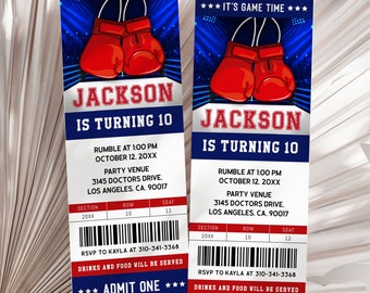 May include: A blue and red ticket invitation for a boxing themed birthday party for Jackson turning 10. The ticket has a red boxing glove graphic, the text "It's Game Time", and the text "Jackson is turning 10". The ticket includes the party details: Rumble at 1:00 PM, October 12, 20XX, Party Venue: 3145 Doctors Drive, Los Angeles, CA, 90017, RSVP to Kayla at 310-341-3368, Drinks and food will be served, Admit One.