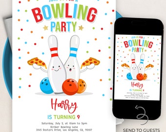 Bowling and Pizza Birthday Invitation, Editable Boys Party Invite Template, Let's Strike Up A Slice Of Fun, Red Pizza Party, Kids Food KP144