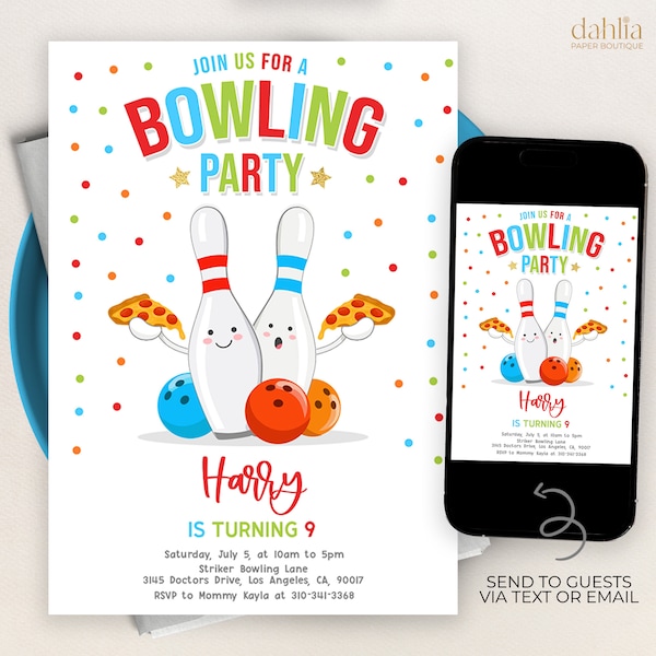 Bowling and Pizza Birthday Invitation, Editable Boys Party Invite Template, Let's Strike Up A Slice Of Fun, Red Pizza Party, Kids Food KP144