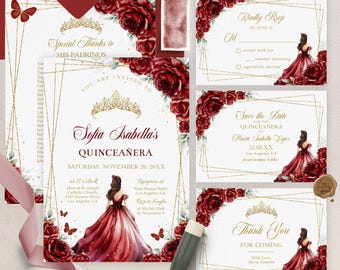 May include: A Quinceañera invitation suite with a red and gold theme. The invitation features a watercolor illustration of a young woman in a red gown with a crown and butterflies. The text reads "Sofia Isabella's Quinceañera" and includes the date and time of the event. The RSVP card features a gold crown and the text "Kindly RSVP by June 12". The save the date card features a gold crown and the text "Save the Date for the Quinceañera of Maria Isabella Lopez 12.05.XX". The thank you card features a gold crown and the text "Thank You for Coming with Love, Maria Isabella".