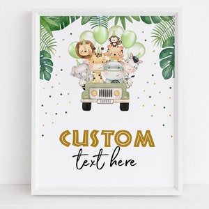 Könnte beinhalten: Ein druckbares Schild mit einem grünen Jeep, der mit Safaritieren gefüllt ist, grünen und goldenen Konfetti und dem Text "CUSTOM text here".