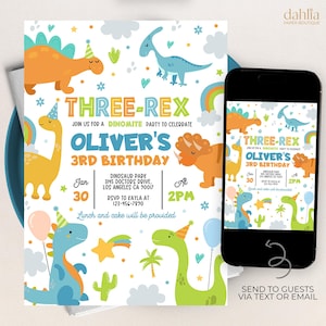 Faire-part d'anniversaire dinosaure, 3e anniversaire de garçon du Jurassique coloré Dinomite, téléchargement immédiat KP445