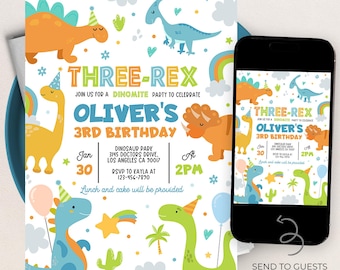 May include: A colorful dinosaur-themed birthday invitation for a boy's 3rd birthday party. The invitation features a blue, green, and orange dinosaur with a party hat, a rainbow, and the text "Three-Rex Oliver's 3rd Birthday".