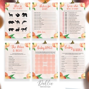 May include: Peach-themed baby shower game cards with pink and peach colors. The cards include games like "Who is My Mama?", "The Price is Right", "Baby Bingo", "Guess Who Mom or Dad?" and "Baby Babble".