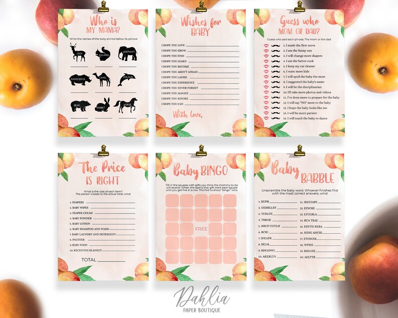 May include: Peach-themed baby shower game cards with pink and peach colors. The cards include games like "Who is My Mama?", "The Price is Right", "Baby Bingo", "Guess Who Mom or Dad?" and "Baby Babble".