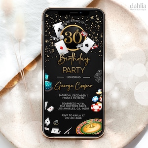 Invitation numérique modifiable d'anniversaire de casino, 21, 30, 40, 50 ans, invitation mobile, soirée poker, soirée casino, jeux de cartes, AP006