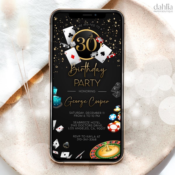 Editable Casino Birthday Digital Invitation, 21st 30th 40th 50th Birthday Mobile Invite, Poker Party, Casino Night, Playing Cards, AP006