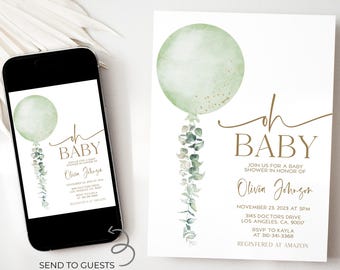 Oh bébé ballon Baby Shower Invitation, aquarelle verte MODIFIABLE, saupoudrer de bébé, invitation numérique neutre minimaliste eucalyptus, BS215