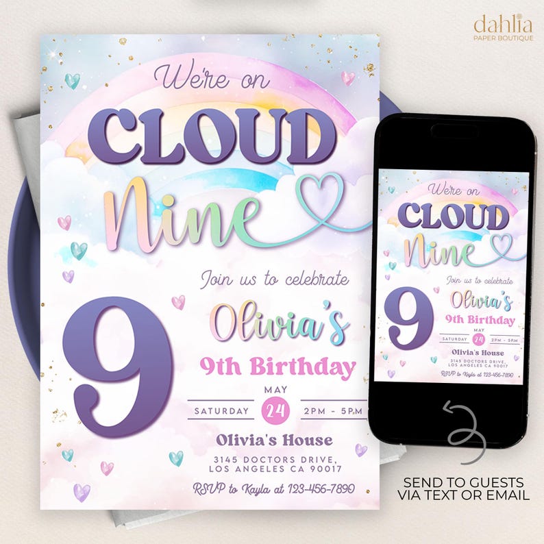 Cloud 9 Birthday Invitation, EDITABLE Pastel Rainbow Party Template ...